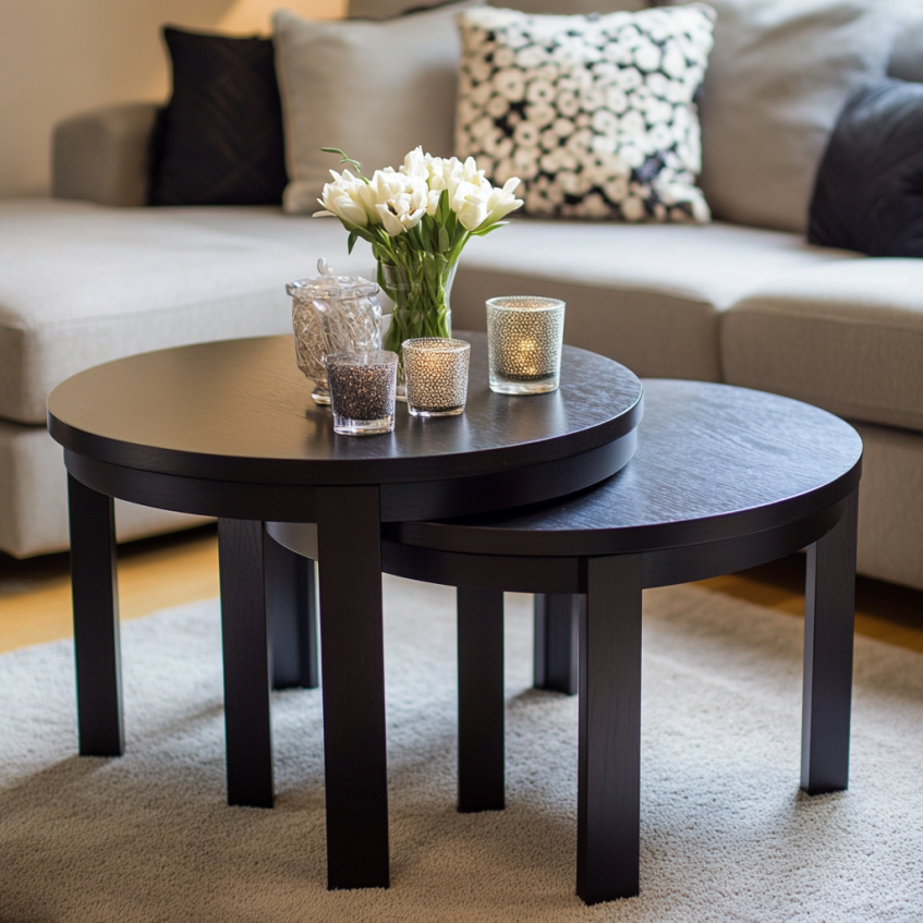 Black round living room table set with flowers and candles