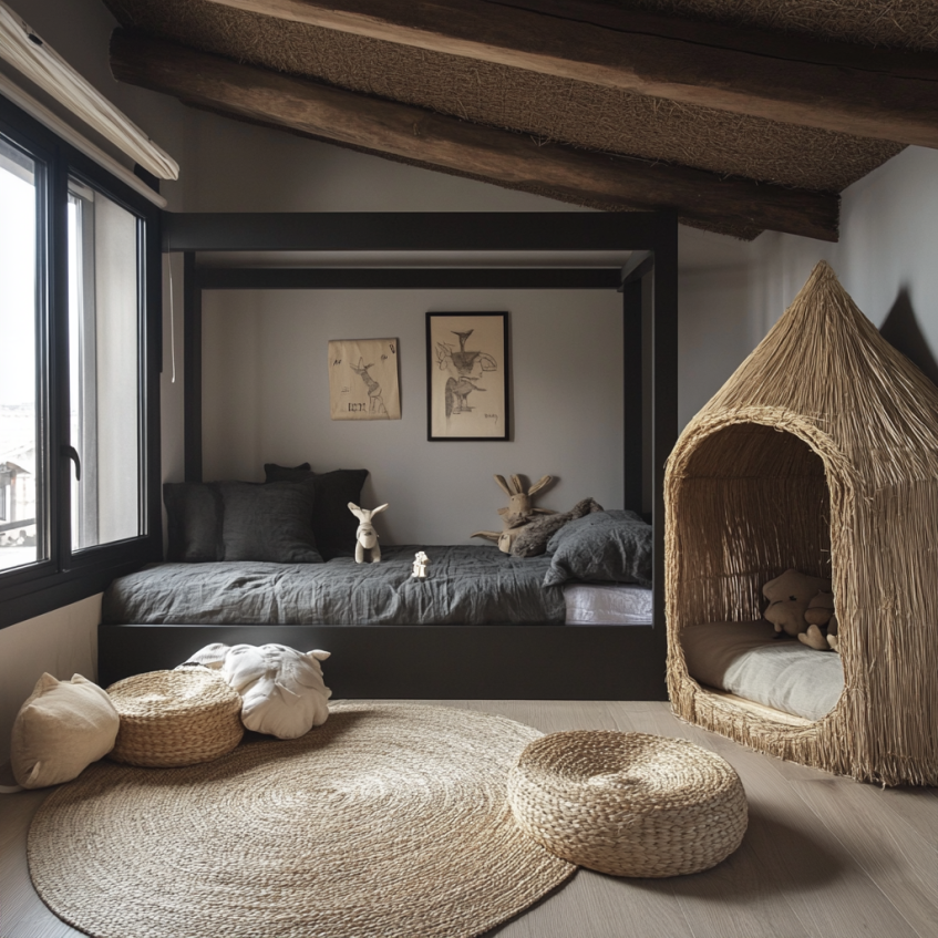 Kids room with tatami-style daybed, circular rug, and rattan pod under sloped ceiling