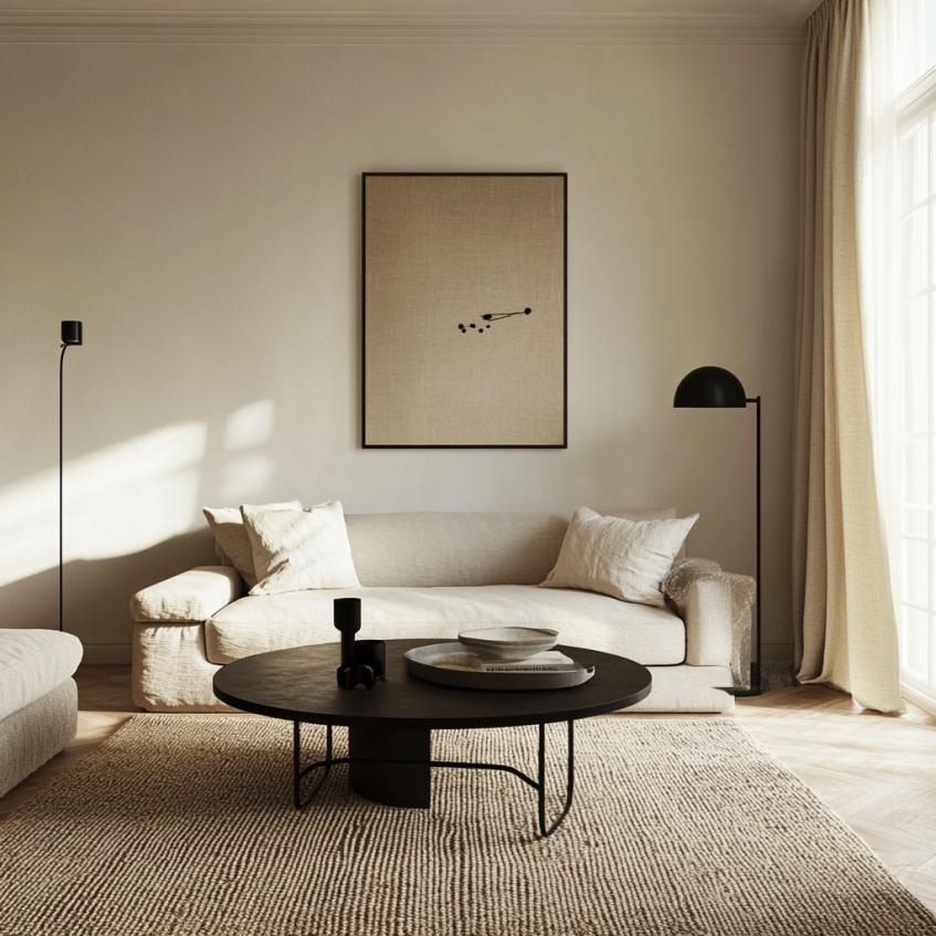 Minimalist neutral living room with beige sofa, black coffee table, and soft natural light.