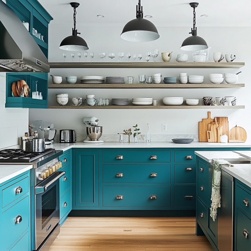 teal kitchen cabinets with open shelving and industrial black pendant lights