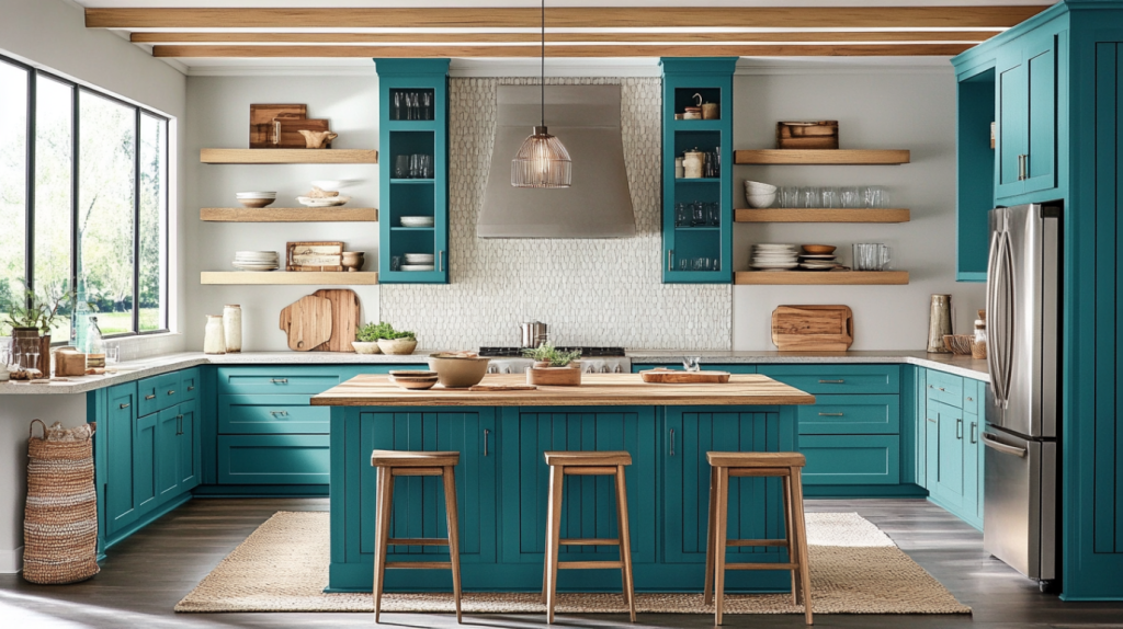 rustic teal kitchen cabinets with wood countertops and open shelves