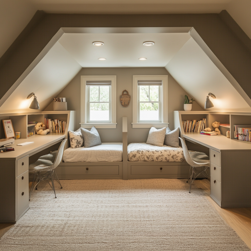 Attic kids room with twin tatami-style beds and built-in desks under sloped ceiling
