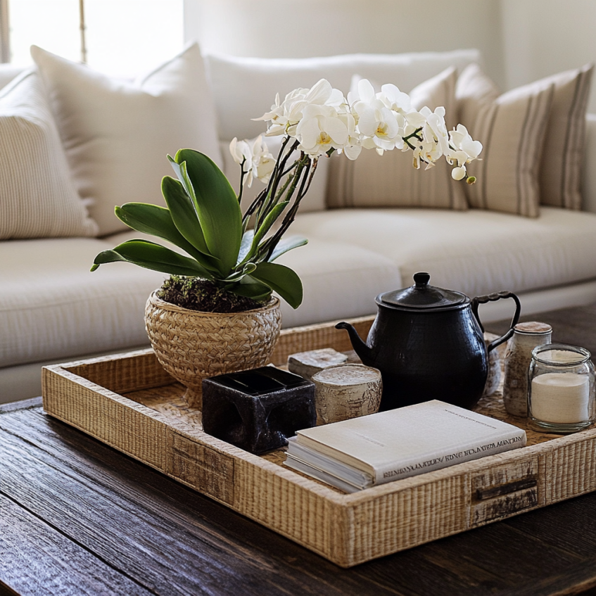 Living room coffee table decor with orchid plant and cozy styling