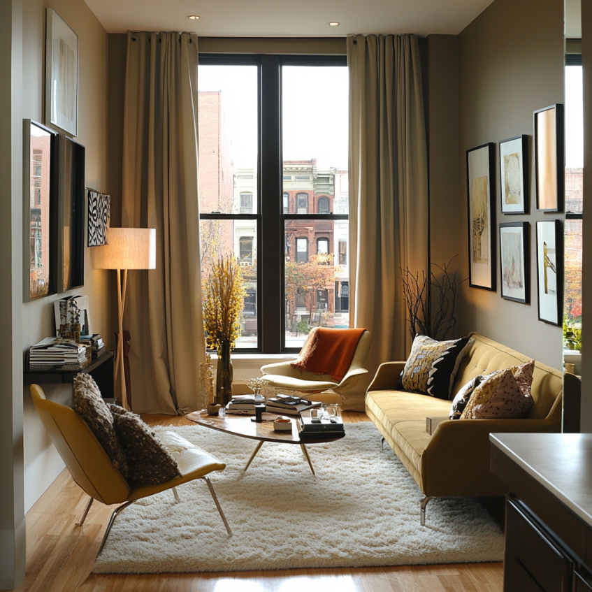 Small apartment living room design with large windows and modern chairs