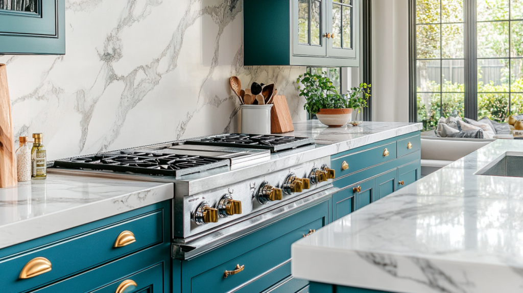 teal kitchen cabinets with white marble countertops and backsplash