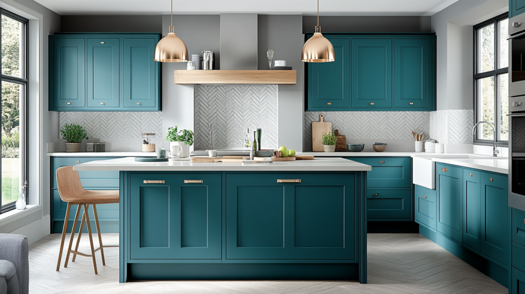 teal kitchen cabinets with light grey backsplash and copper accents