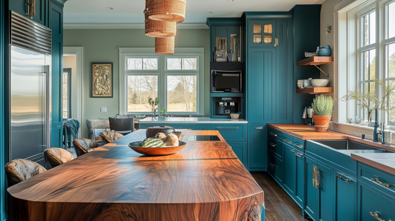 teal kitchen cabinets with rich wood countertops and rattan decor