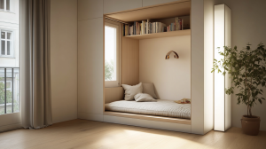 Tatami-style sleeping nook with window, built-in shelf, and soft lighting in minimalist room