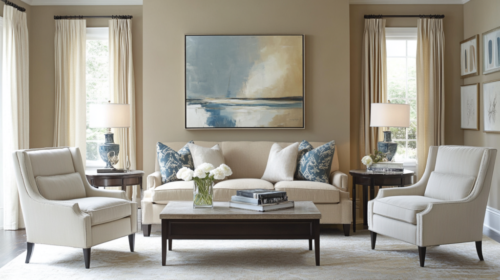 Transitional living room with beige sofa, blue pillows, and classic furniture