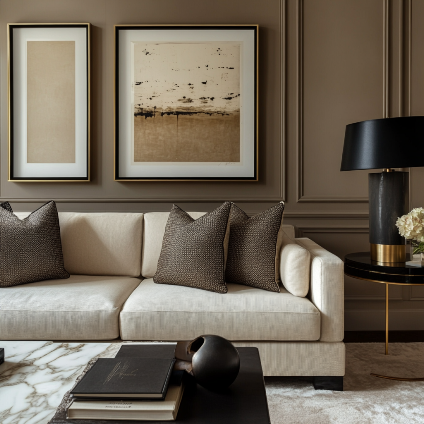 Transitional living room with taupe walls, cream sofa, and black accents in a sophisticated design.