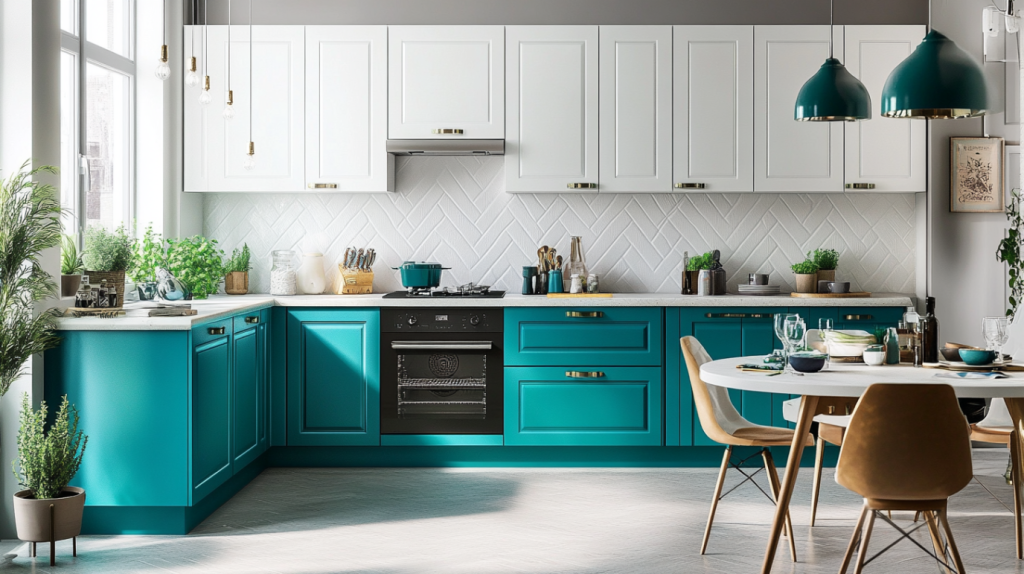 two-tone kitchen with teal lower cabinets and white uppers