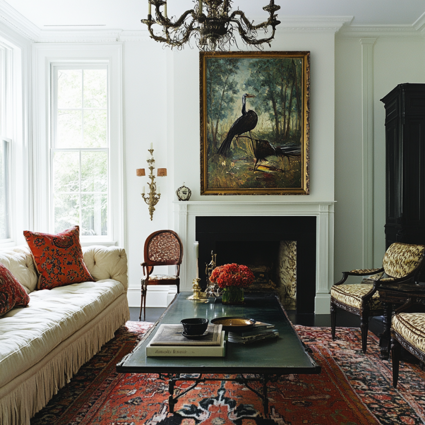 Victorian living room with chandelier, tufted sofa, and large wall art