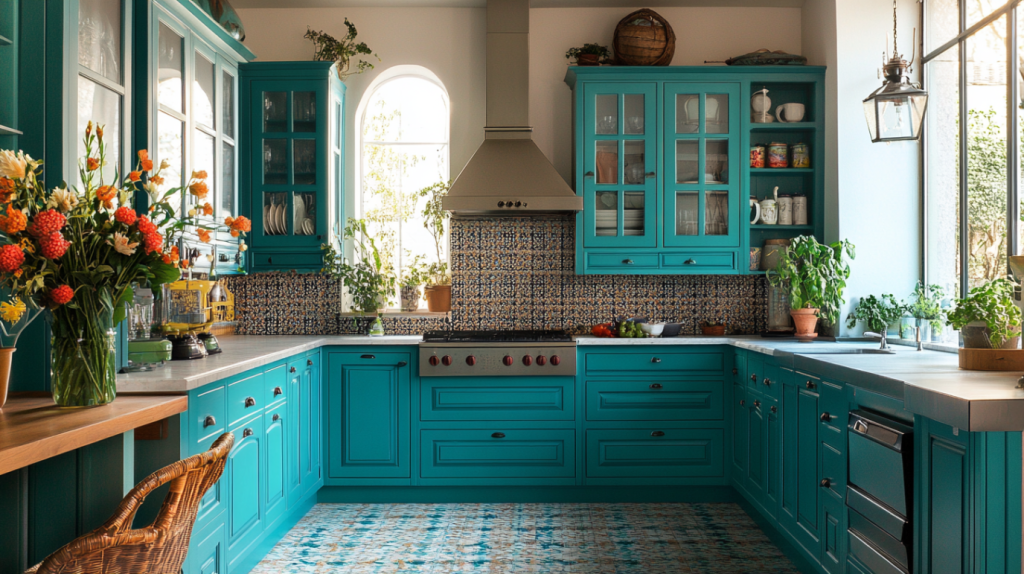 teal kitchen cabinets with vintage tiles, open shelves and colorful flowers