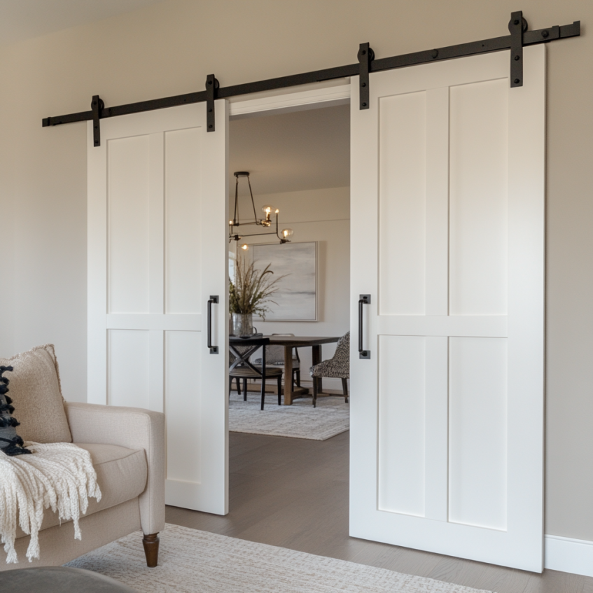 White shaker style interior barn doors with black hardware in a transitional living room