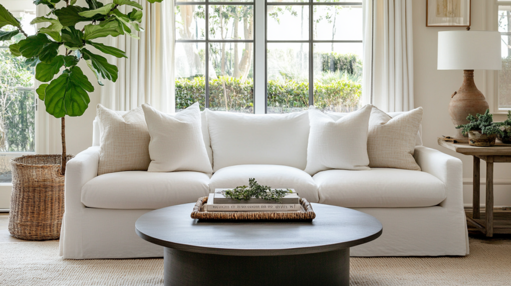 White sofa living room with black coffee table and indoor greenery