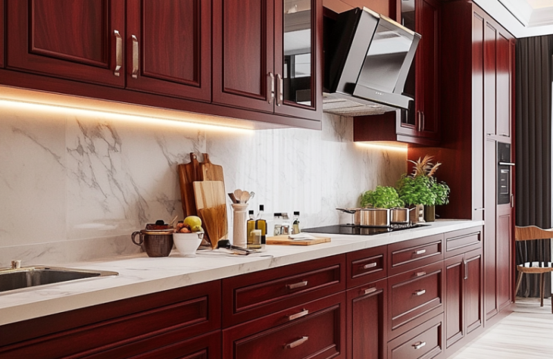 Chic cherry wood kitchen cabinets with elegant marble countertops and under-cabinet lighting in a modern kitchen design.