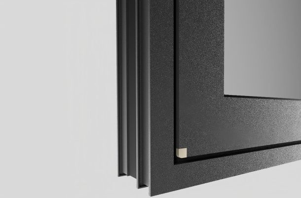 Close-up of a custom aluminum window frame with high-quality finish.