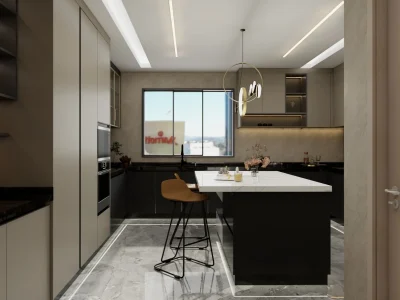 Contemporary Kitchen with Marble Island and Sleek Cabinetry Modern kitchen with a marble island, sleek beige and black cabinetry, and a large window offering natural light.