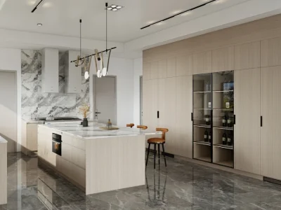 Contemporary Wooden Veneer Kitchen Cabinetry with Integrated Wine Storage Display U-shape kitchen cabinetry featuring natural wooden veneer with integrated wine storage and sleek marble countertops.