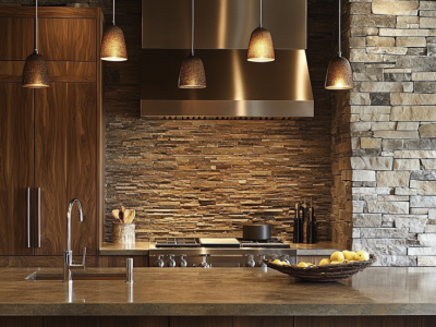 Rustic kitchen with dark walnut cabinets, stone backsplash, and stainless appliances