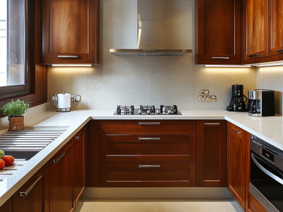 Elegant cherry wood kitchen cabinets with modern fixtures and soft under-cabinet lighting, designed to bring warmth and sophistication to any home.