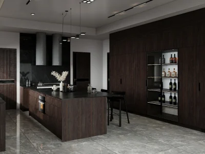 Elegant U-Shaped Kitchen with Dark Wood Cabinets and Glass Wine Display A modern U-shaped kitchen featuring dark wood finishes, a glass-front wine cabinet, and a minimalist design with sleek, integrated appliances.
