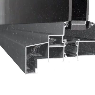 Aluminum window profile with hidden drainage system, designed for waterproofing, water collection, and backflow prevention.