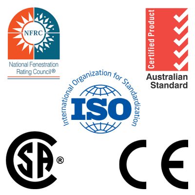 Global certifications for PA's aluminum windows and doors, including NFRC, ISO, CSA, CE, and Australian Standard, ensuring top quality and compliance.