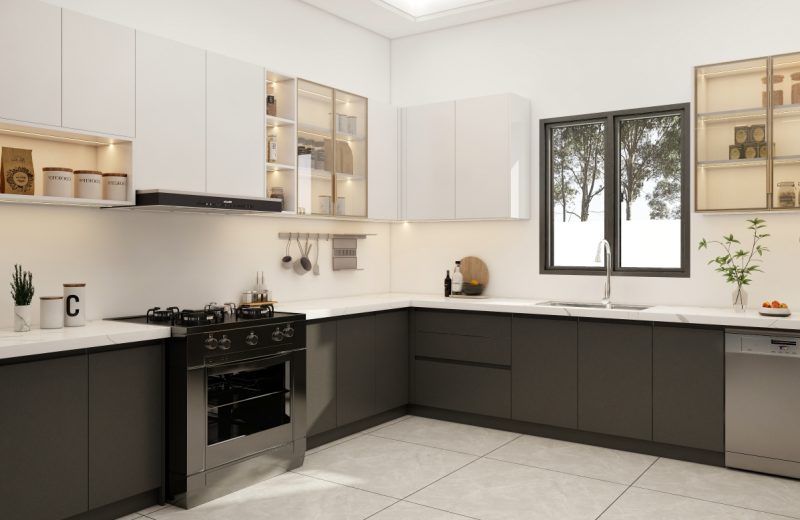 Modern kitchen with MDF cabinets, a gas stove, and a sleek sink area