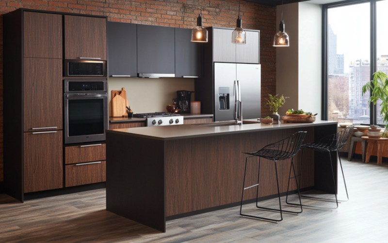 Urban kitchen with modern brown laminate cabinets and island