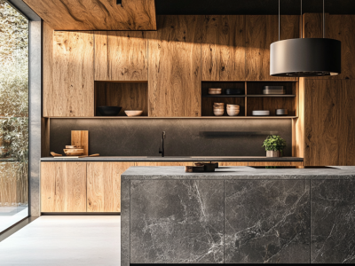 Modern kitchen with black and wooden cabinets, integrated lighting, and large windows.