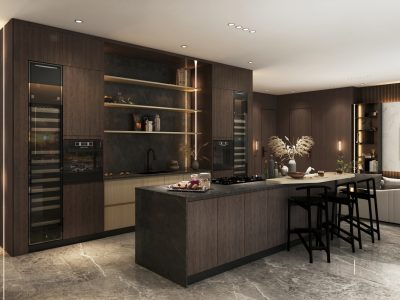 Modern kitchen with dark wood cabinetry, stone countertops, and integrated appliances.