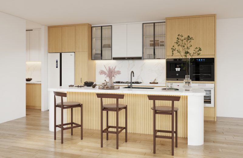 Modern kitchen featuring particle board cabinets with a natural wood finish.