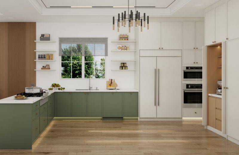 Modern kitchen with plywood cabinets featuring a mix of green lower cabinetry and white upper cabinets.