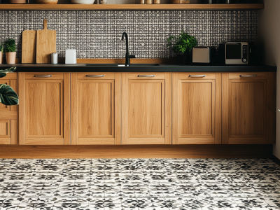 Modern kitchen with white oak cabinets and monochrome patterned floor tiles, showcasing a sleek design with plants for added freshness.