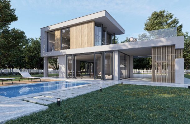 Modern house with sleek design and large glass windows, featuring a poolside view and integrated outdoor space.