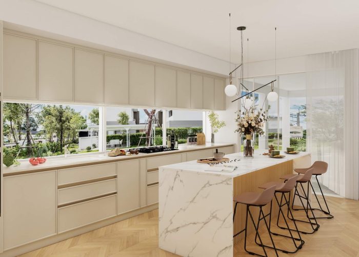 Modern kitchen with lacquer kitchen cabinets in a soft beige finish, enhancing a spacious and bright environment.