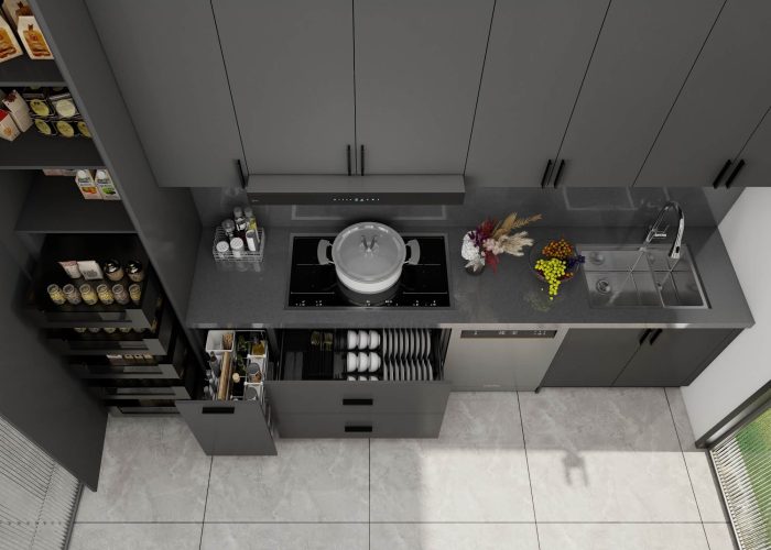 Modern kitchen featuring lacquer kitchen cabinets in a sleek gray finish, with premium appliances and ample storage.