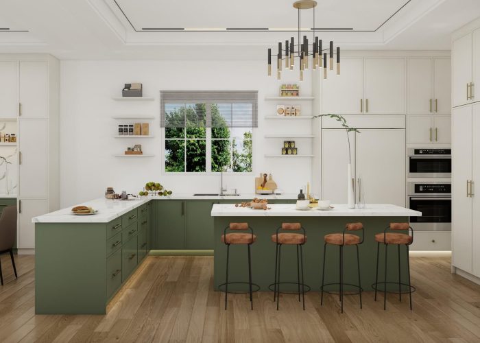 Modern kitchen with lacquer kitchen cabinets in green and white, offering a stylish and functional design.