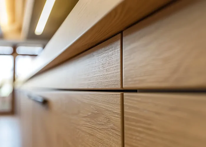 Close-up of MDF kitchen cabinet drawer with a smooth finish and modern design.
