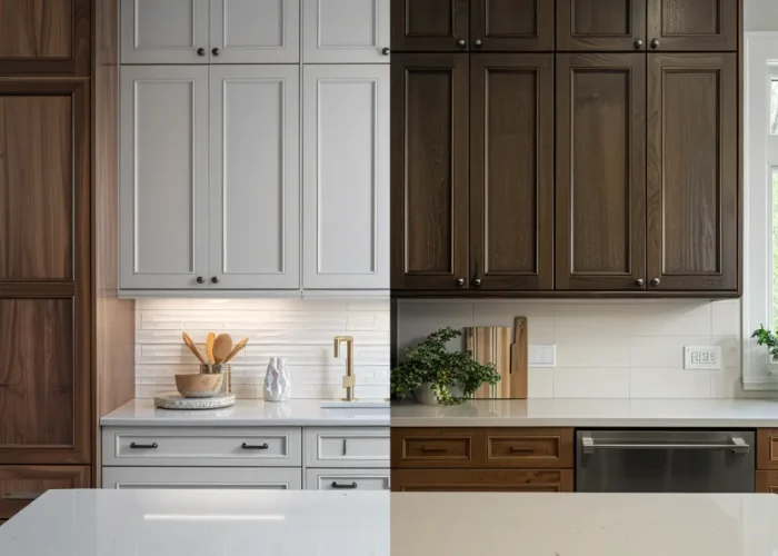 Split design of kitchen featuring both light and dark MDF kitchen cabinets, demonstrating versatile style adaptability.