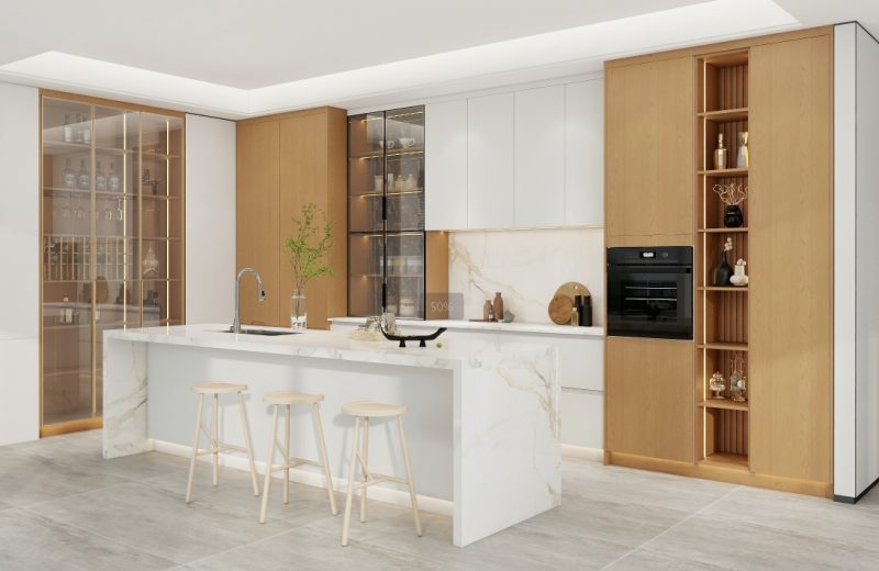 modern Melamine Kitchen Cabinets with marble island