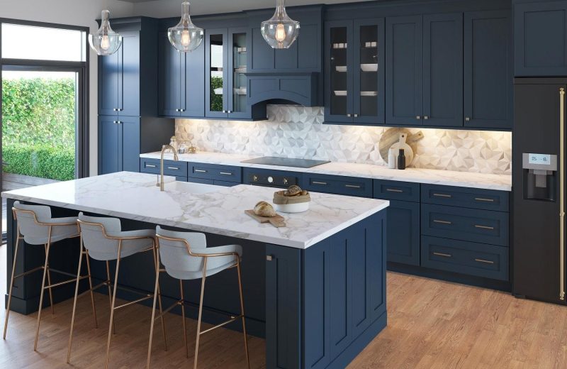 Navy Blue Kitchen with Marble Countertops