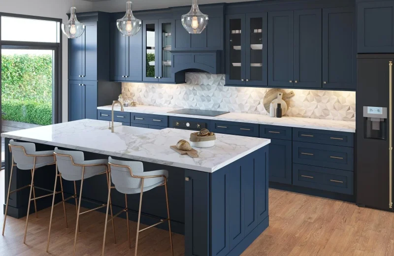 Navy Blue Kitchen with Marble Countertops