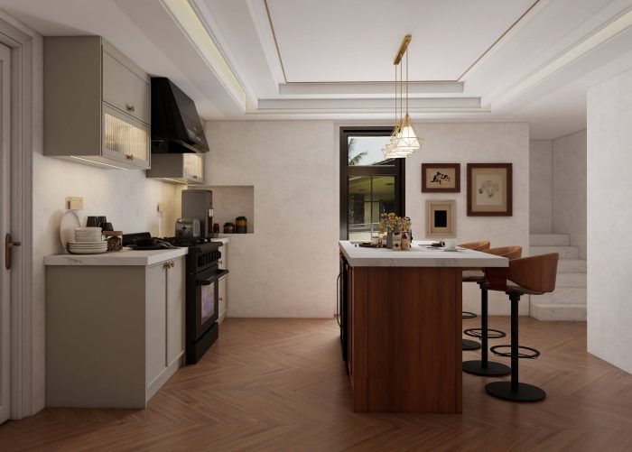 Modern kitchen with pre-assembled cabinets, showcasing a sleek design and efficient space utilization for fast installation.