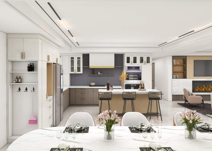 Modern kitchen with PVC cabinets in white and wood finishes, offering a mix of textures and sleek design.