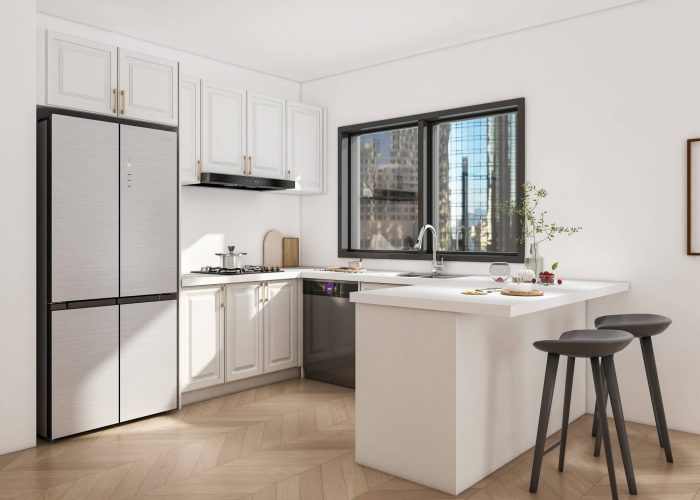 Sleek PVC kitchen cabinets with modern white finish, offering durability and eco-friendly features.
