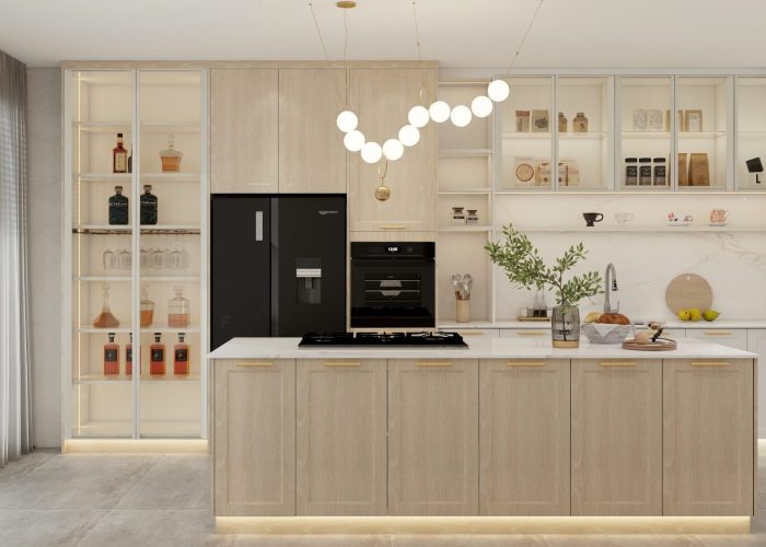A sleek kitchen island with wood veneer kitchen cabinets, under-cabinet lighting, and a white stone countertop showcasing natural wood grain.