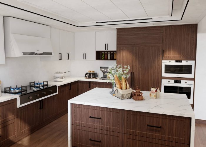 Modern kitchen with wood veneer kitchen cabinets featuring natural grain patterns, offering authentic luxury