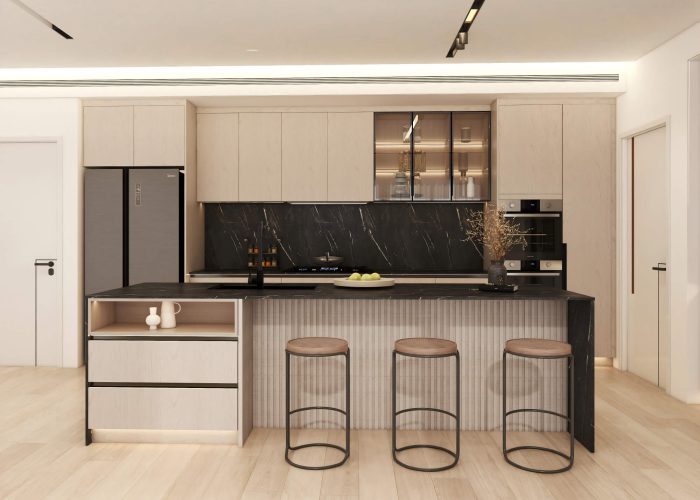 Contemporary kitchen island with light wood veneer kitchen cabinets, black marble countertop, and three metal-frame stools.